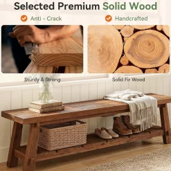 71" Solid Wood Entryway Bench, Rustic Extra Long Hallway Seating with Shoe Storage for Living Room and Bedroom
