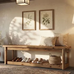 63" Solid Wood Entryway Bench with Storage Shoe Organizer for Hallway
