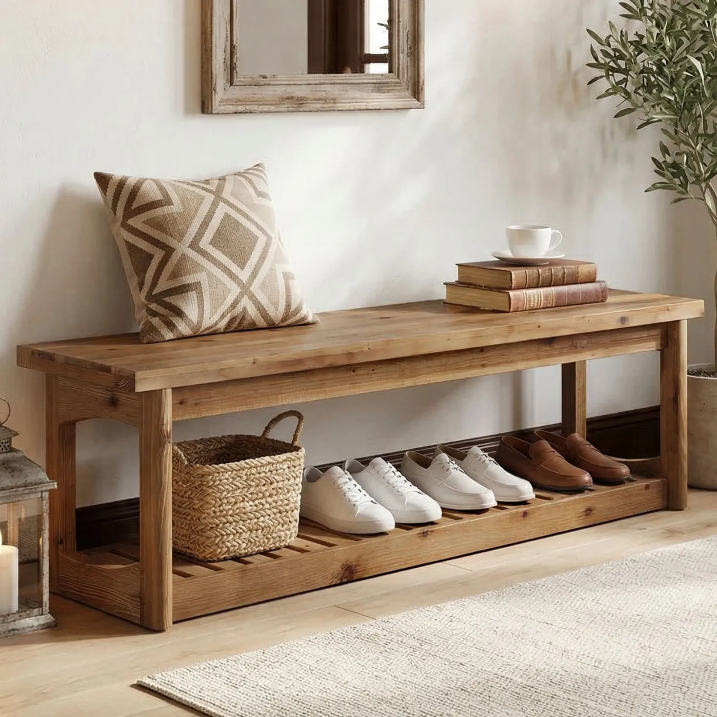 63" Solid Wood Entryway Bench with Storage Shoe Organizer for Hallway