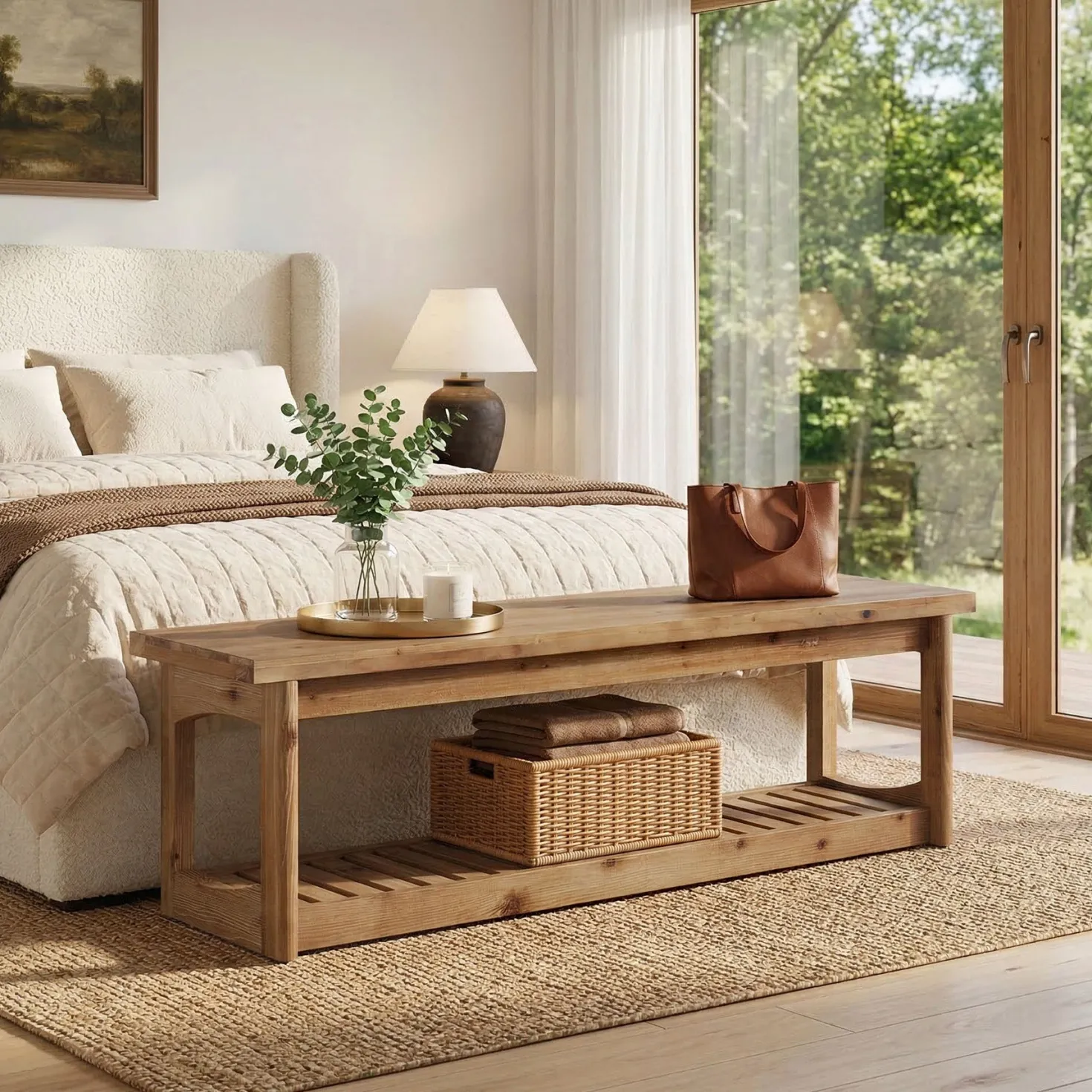 63" Solid Wood Entryway Bench with Storage Shoe Organizer for Hallway
