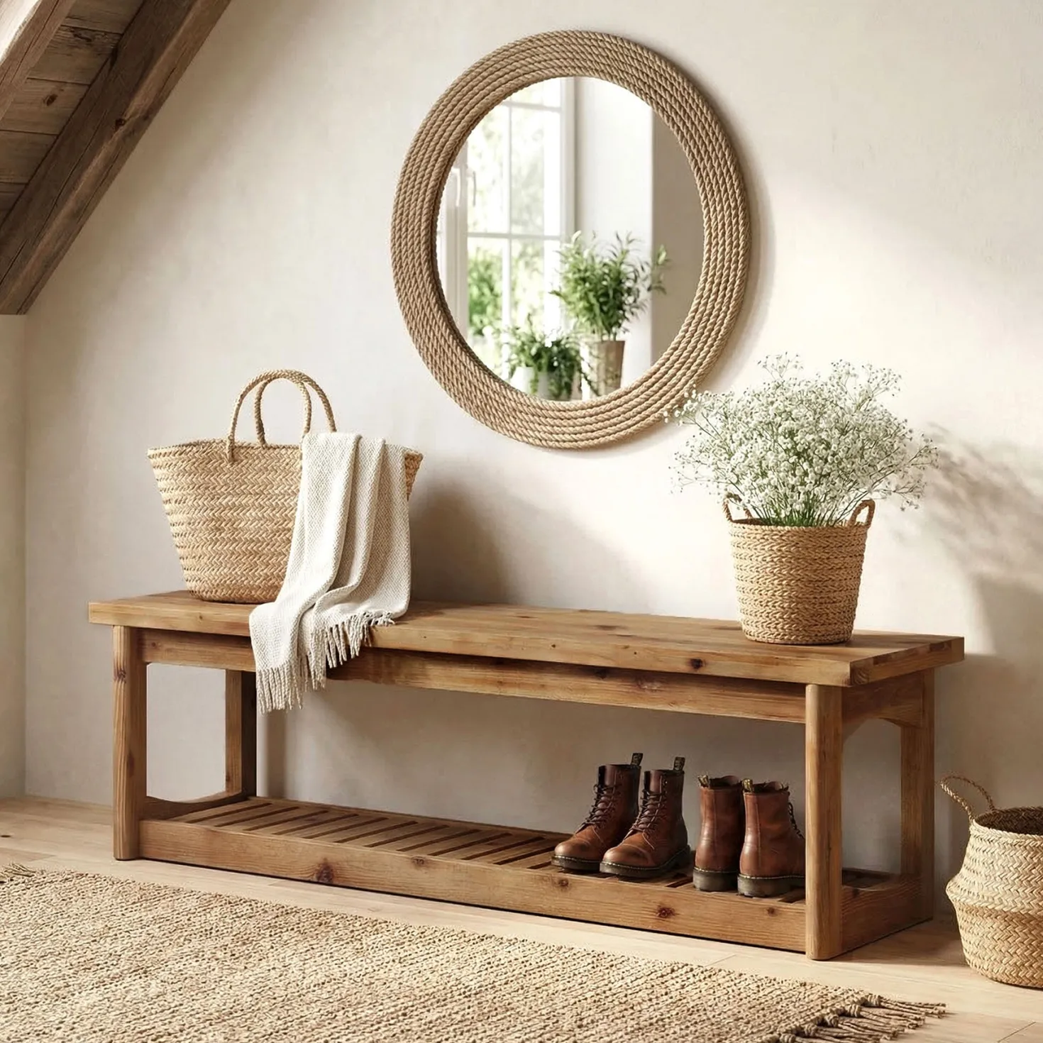 63" Solid Wood Entryway Bench with Storage Shoe Organizer for Hallway