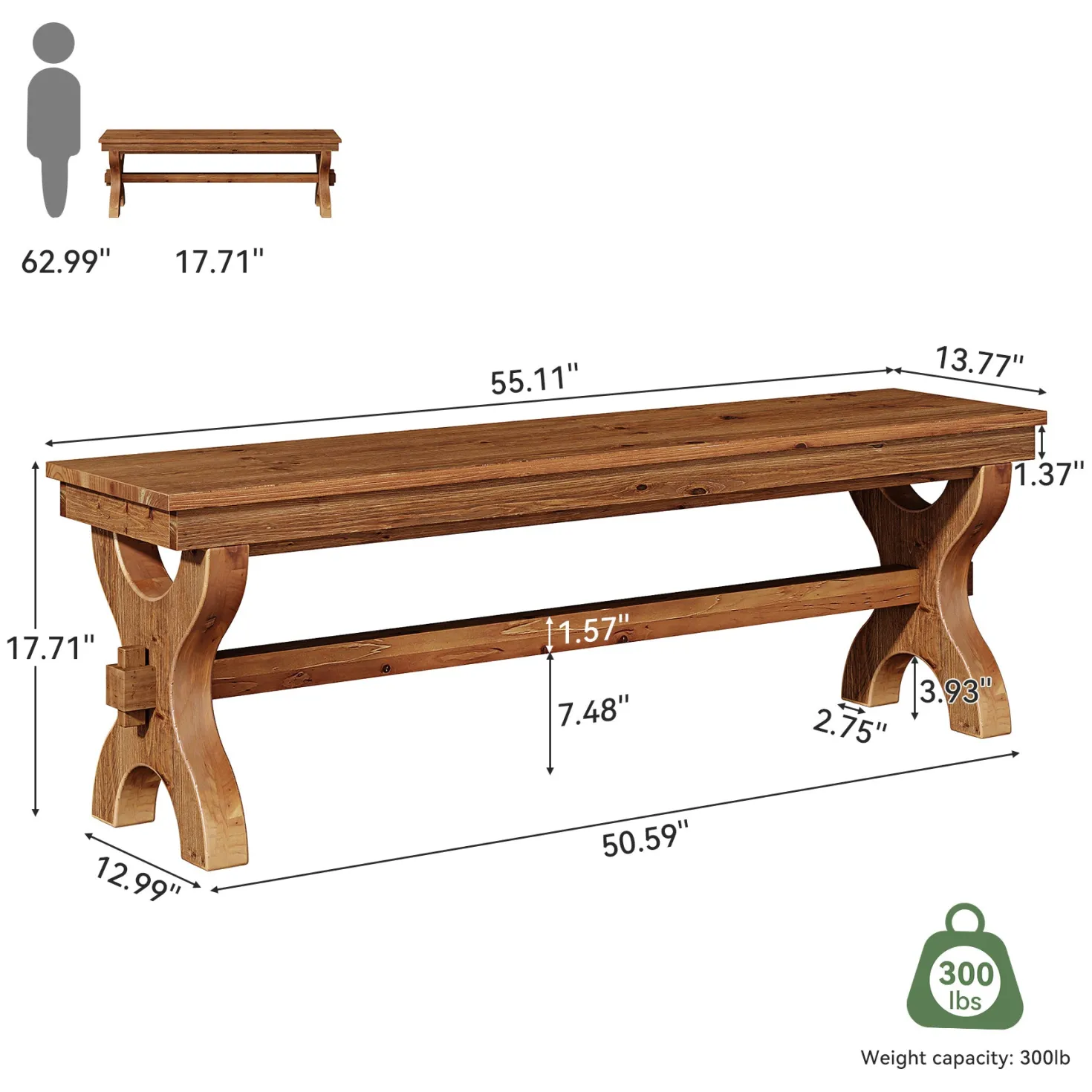 55" Solid Wood Entryway Bench, Farmhouse Indoor Bench Narrow Hallway Seat