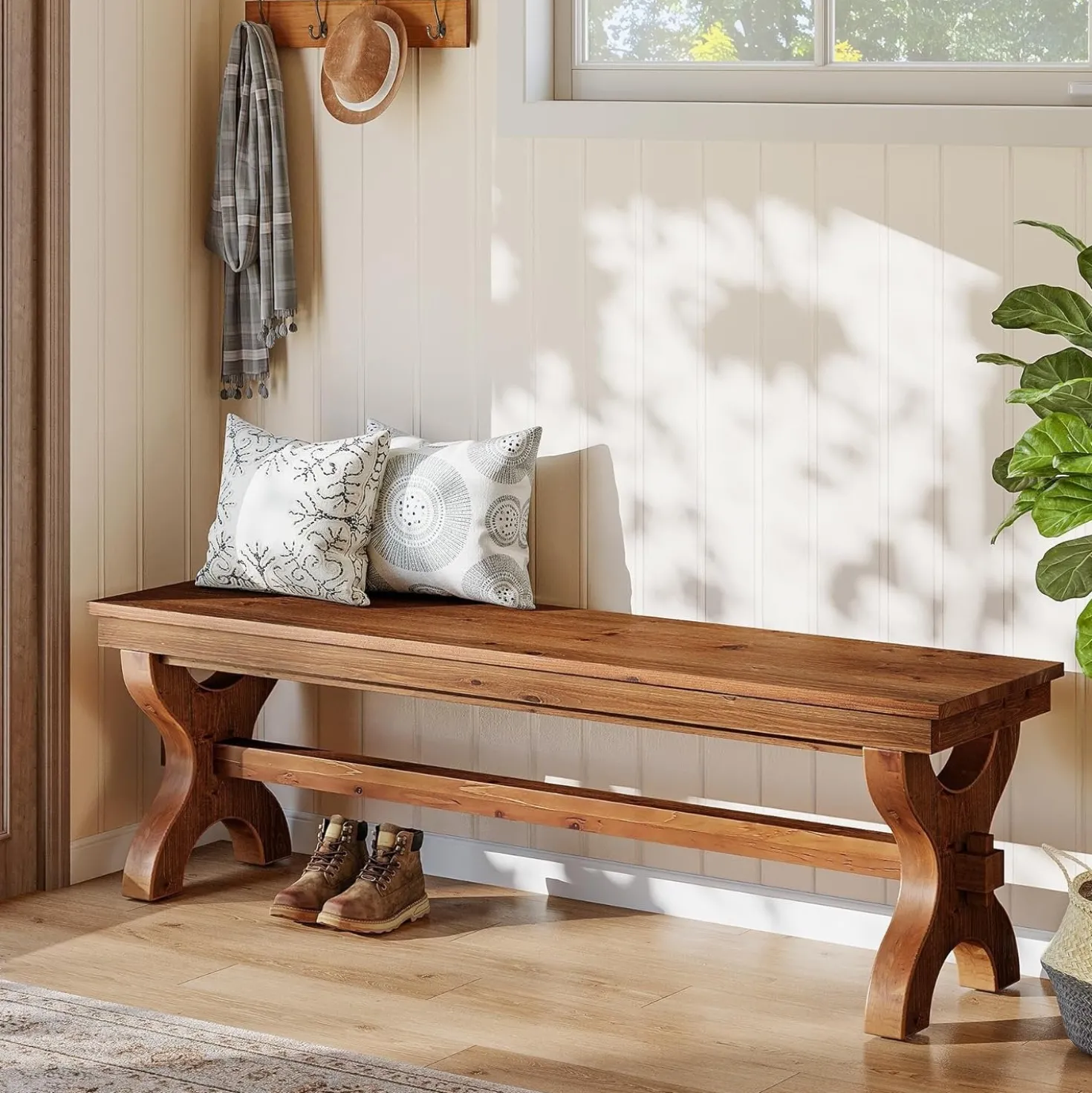 55" Solid Wood Entryway Bench, Farmhouse Indoor Bench Narrow Hallway Seat