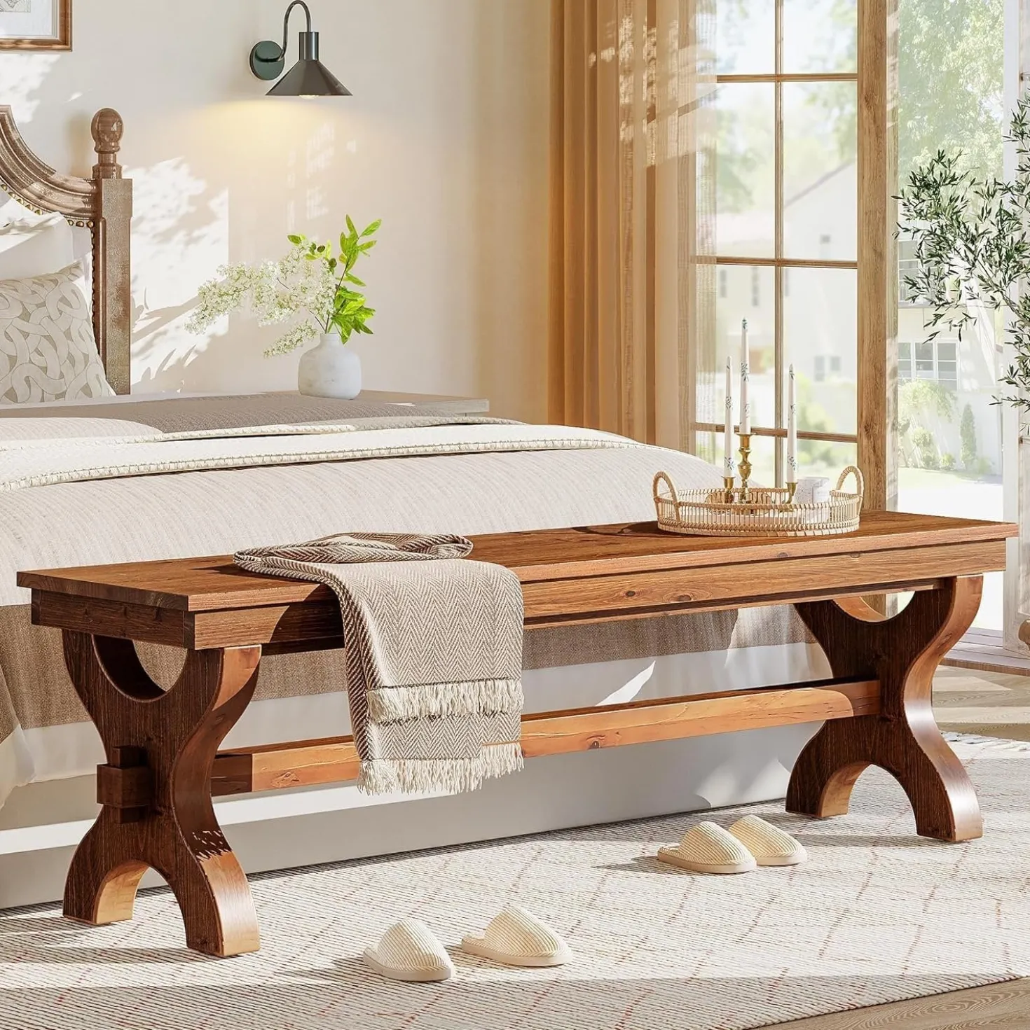 55" Solid Wood Entryway Bench, Farmhouse Indoor Bench Narrow Hallway Seat