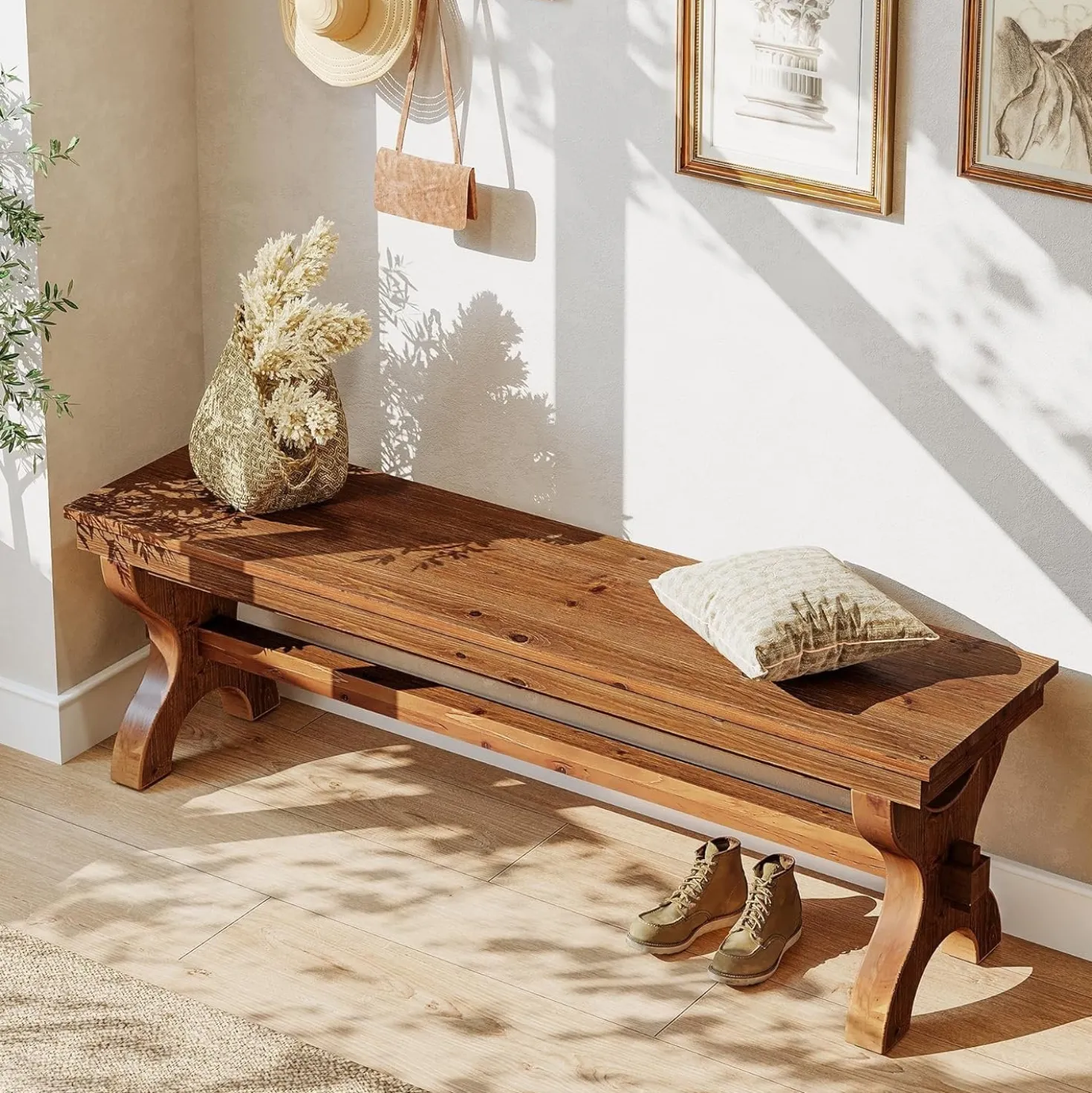 55" Solid Wood Entryway Bench, Farmhouse Indoor Bench Narrow Hallway Seat