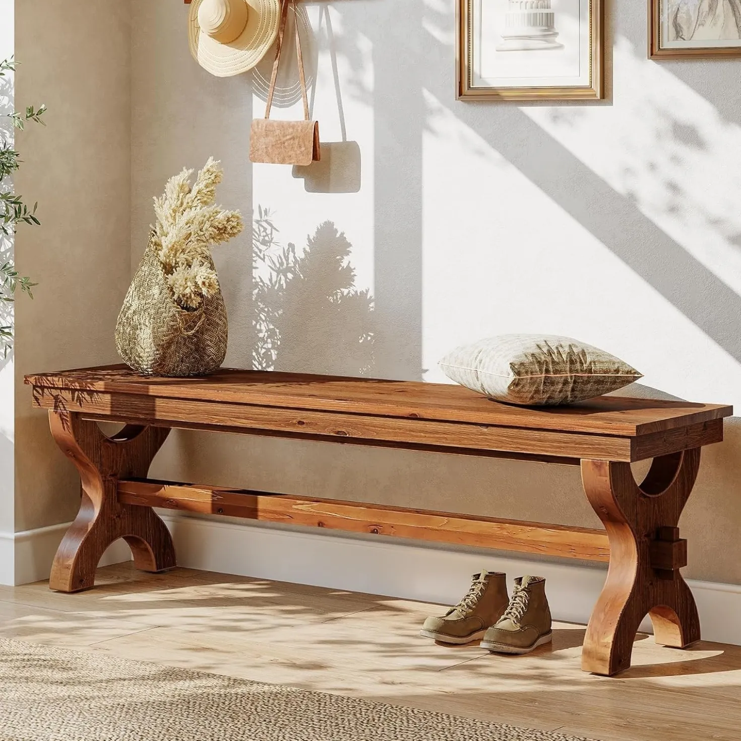 55" Solid Wood Entryway Bench, Farmhouse Indoor Bench Narrow Hallway Seat