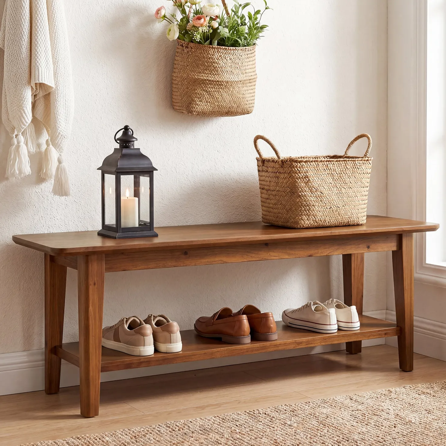 55" Solid Wood Entryway Bench, Farmhouse Shoe Storage Bench With Shelf For Hallway