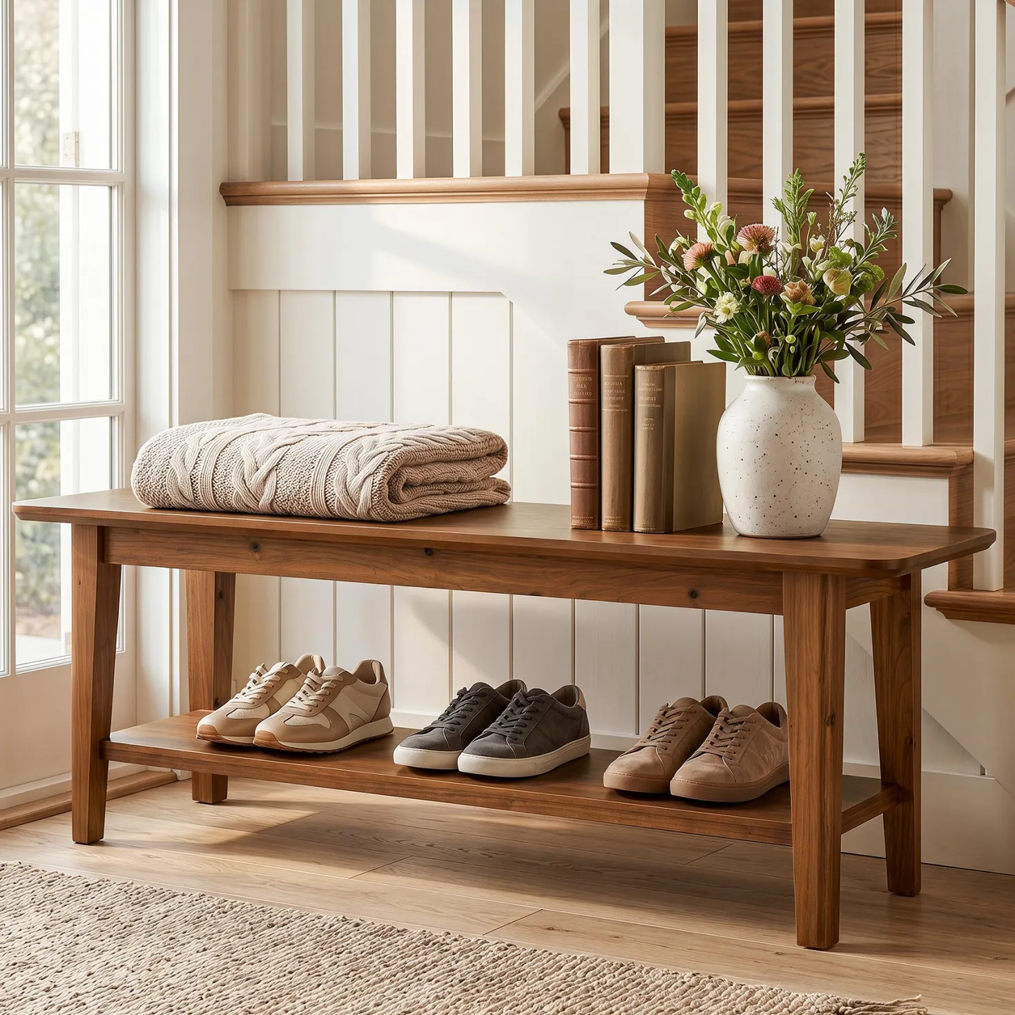 55" Solid Wood Entryway Bench, Farmhouse Shoe Storage Bench With Shelf For Hallway