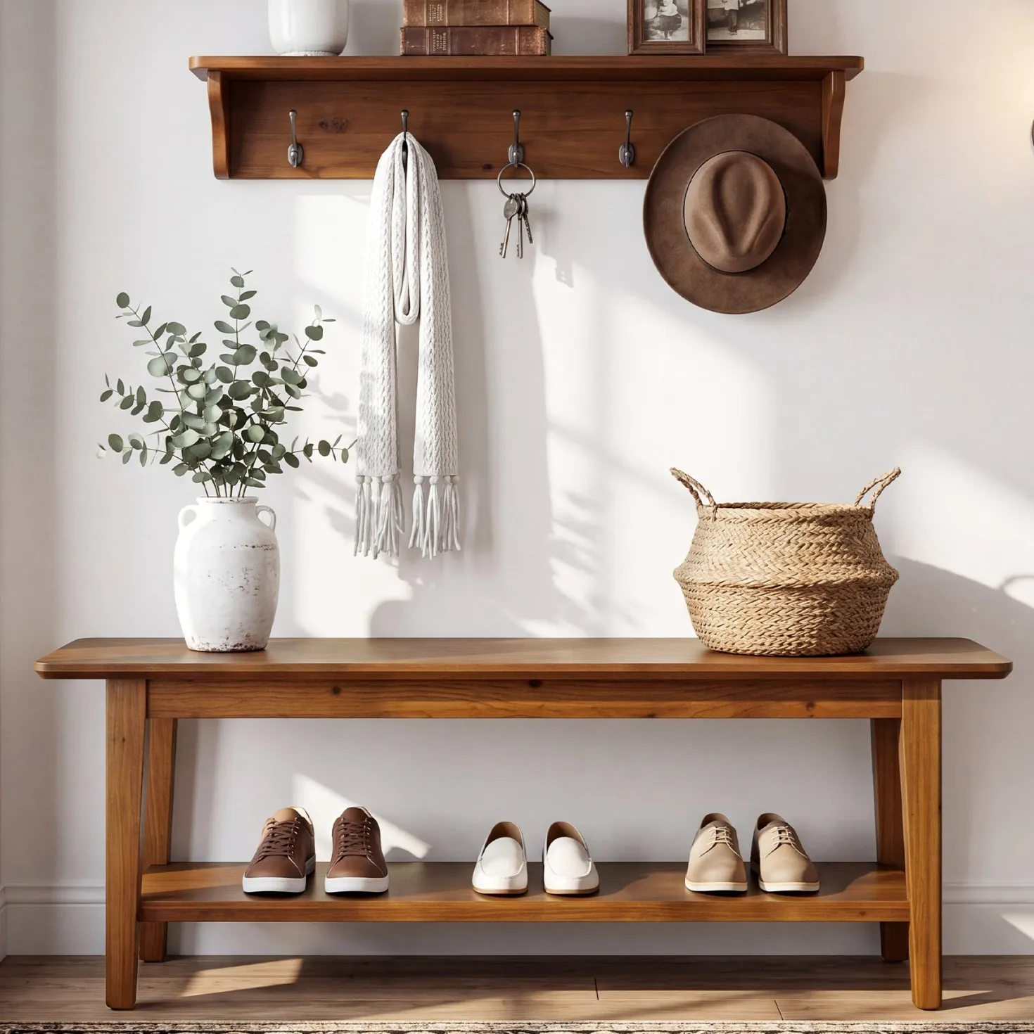 55" Solid Wood Entryway Bench, Farmhouse Shoe Storage Bench With Shelf For Hallway