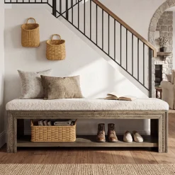 55" Solid Wood Entryway Bench, Upholstered Shoe Bench with Storage Shelf for Hallway
