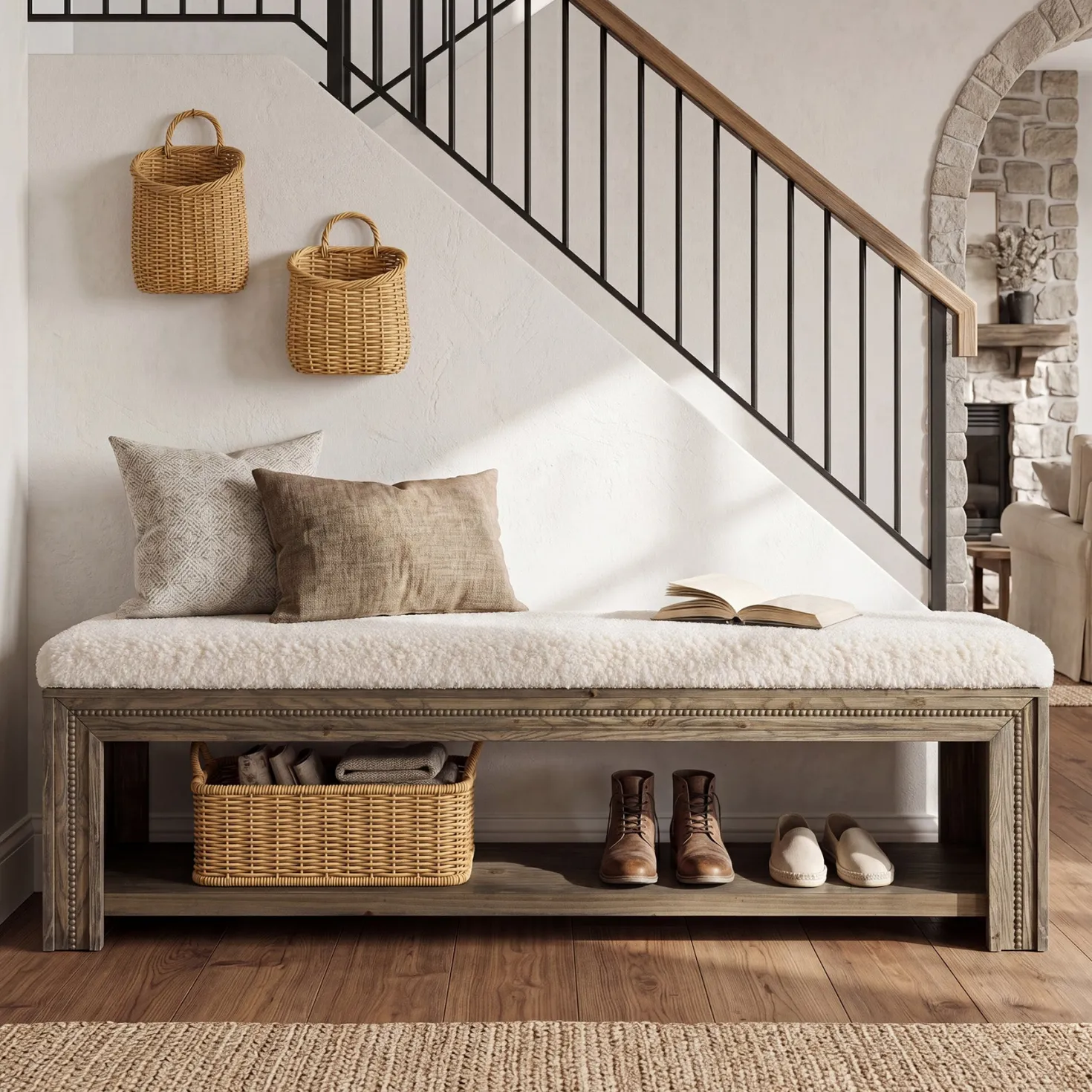 55" Solid Wood Entryway Bench, Upholstered Shoe Bench with Storage Shelf for Hallway