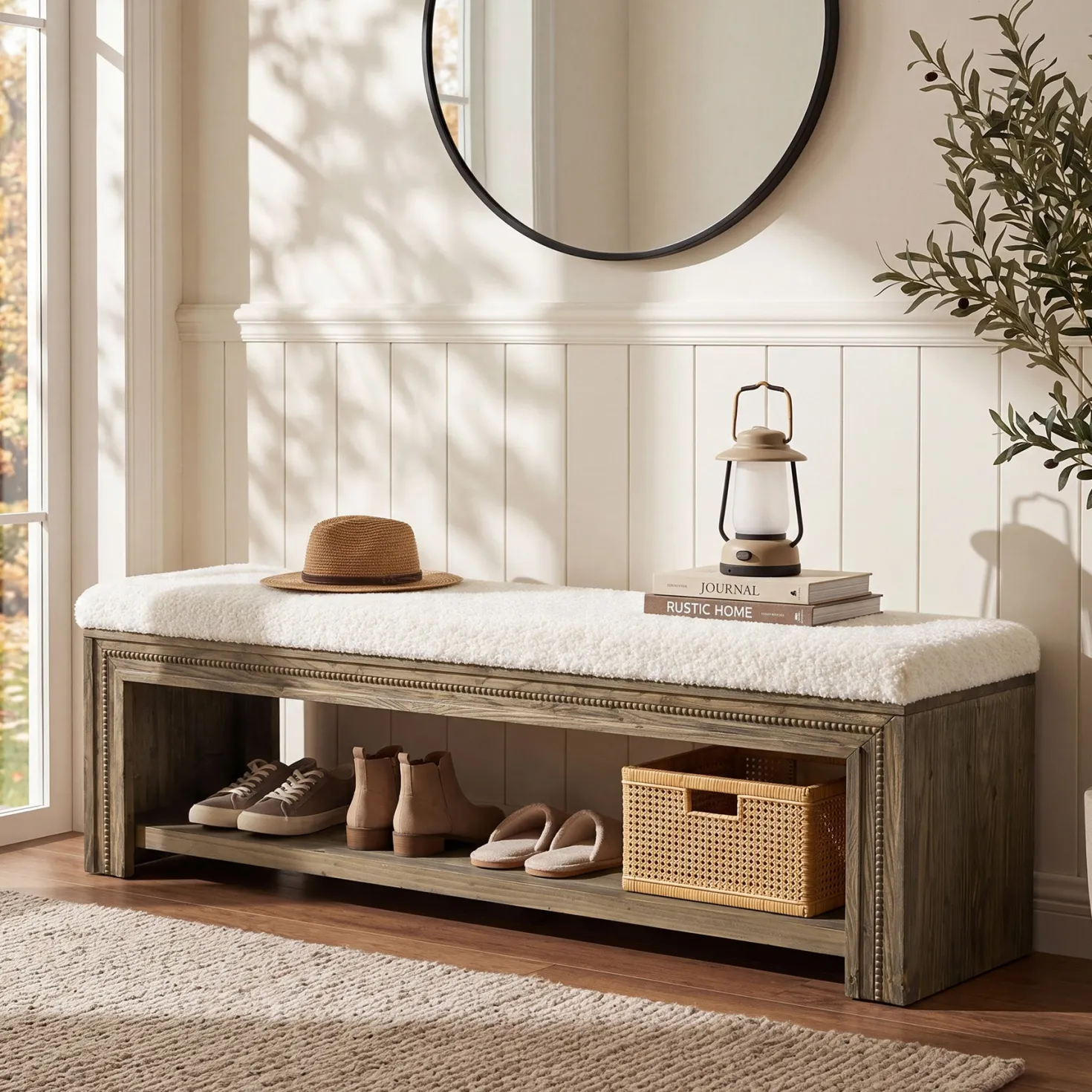 55" Solid Wood Entryway Bench, Upholstered Shoe Bench with Storage Shelf for Hallway