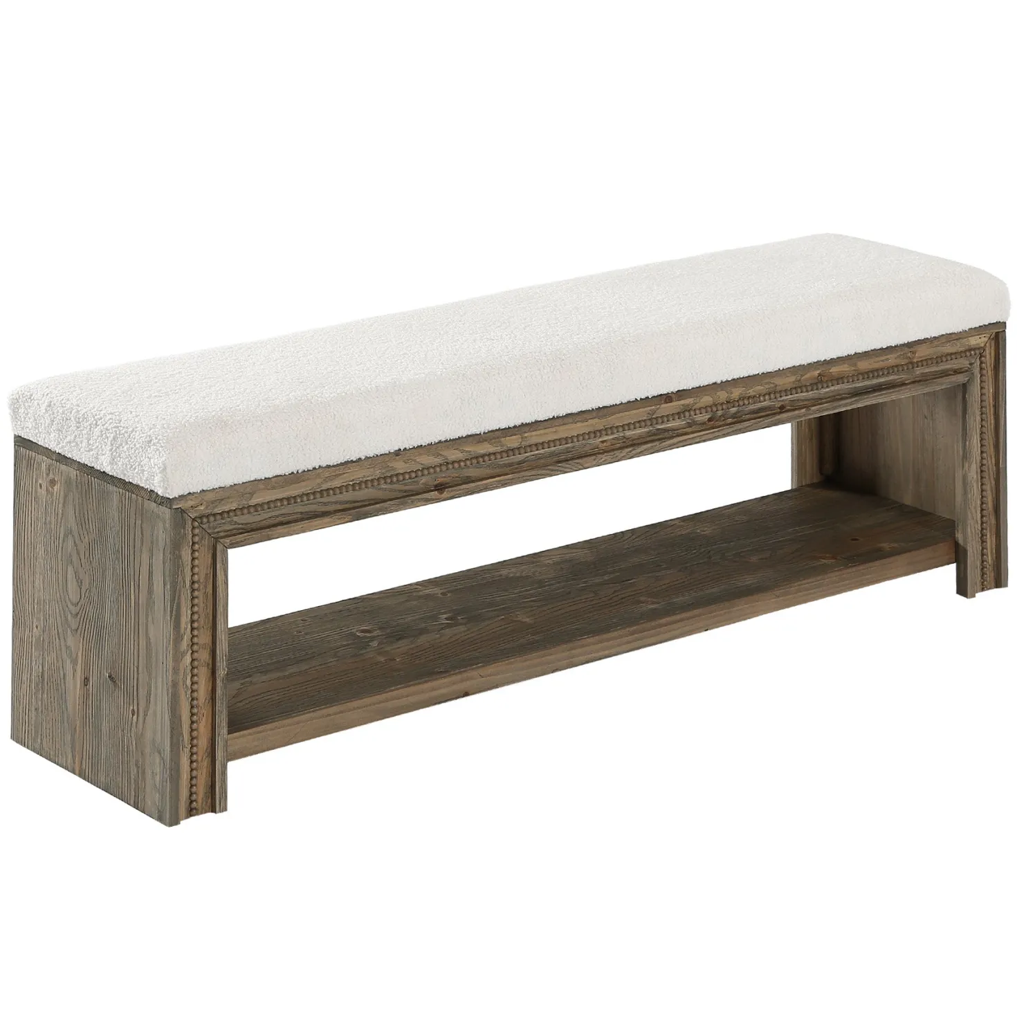 55" Solid Wood Entryway Bench, Upholstered Shoe Bench with Storage Shelf for Hallway