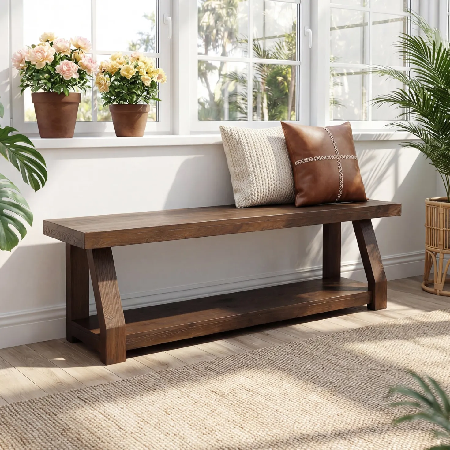 63" Solid Wood Entryway Bench with Shoe Storage, 2-Tier Rustic Shoe Bench for Hallway, Living Room & Bedroom