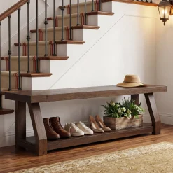 63" Solid Wood Entryway Bench with Shoe Storage, 2-Tier Rustic Shoe Bench for Hallway, Living Room & Bedroom