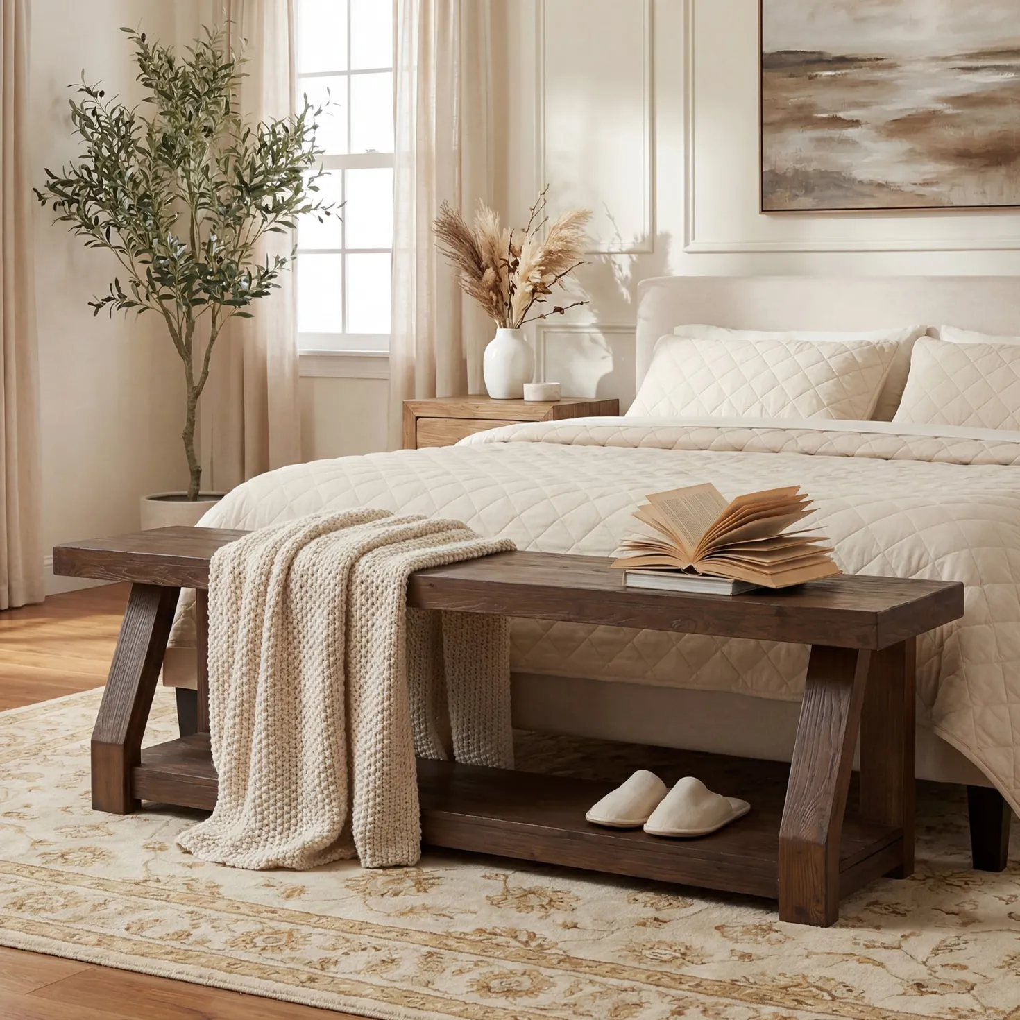 63" Solid Wood Entryway Bench with Shoe Storage, 2-Tier Rustic Shoe Bench for Hallway, Living Room & Bedroom