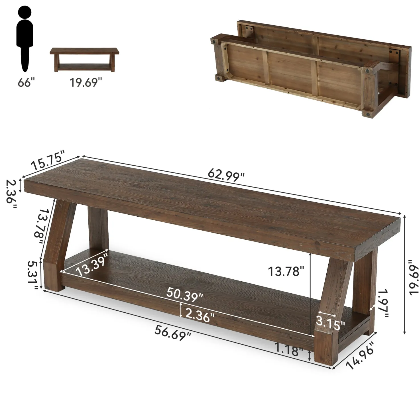 63" Solid Wood Entryway Bench with Shoe Storage, 2-Tier Rustic Shoe Bench for Hallway, Living Room & Bedroom