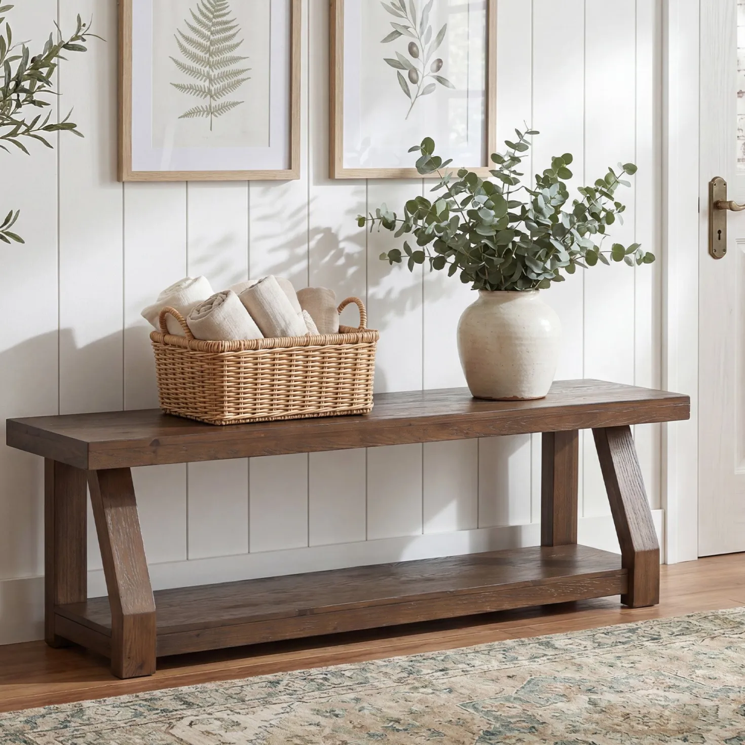 63" Solid Wood Entryway Bench with Shoe Storage, 2-Tier Rustic Shoe Bench for Hallway, Living Room & Bedroom