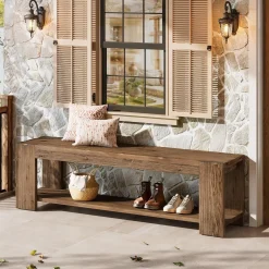 55" Solid Wood Entryway Bench with Storage Shelf, 2-Tier Shoe Bench Seating for Entrance