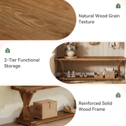 59" Solid Wood Entryway Bench, 2-Tier Foyer Shoe Bench with Open Shelf
