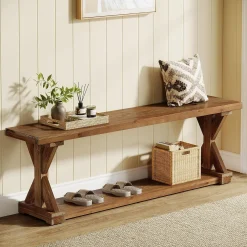 59" Solid Wood Entryway Bench, 2-Tier Foyer Shoe Bench with Open Shelf