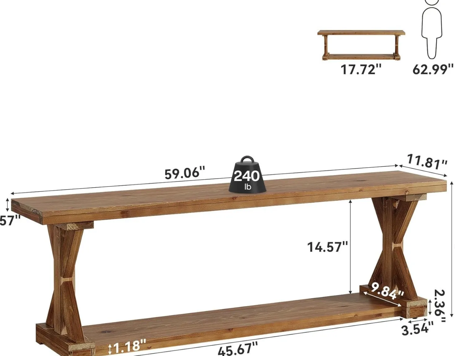 59" Solid Wood Entryway Bench, 2-Tier Foyer Shoe Bench with Open Shelf