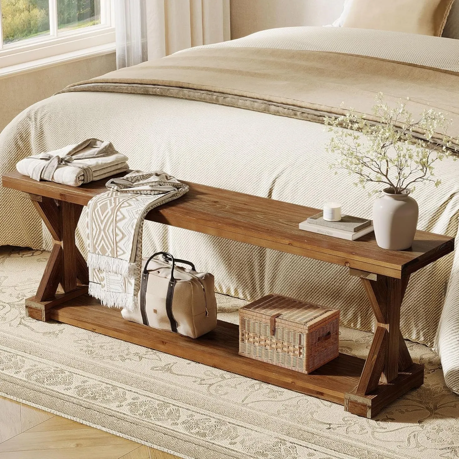59" Solid Wood Entryway Bench, 2-Tier Foyer Shoe Bench with Open Shelf