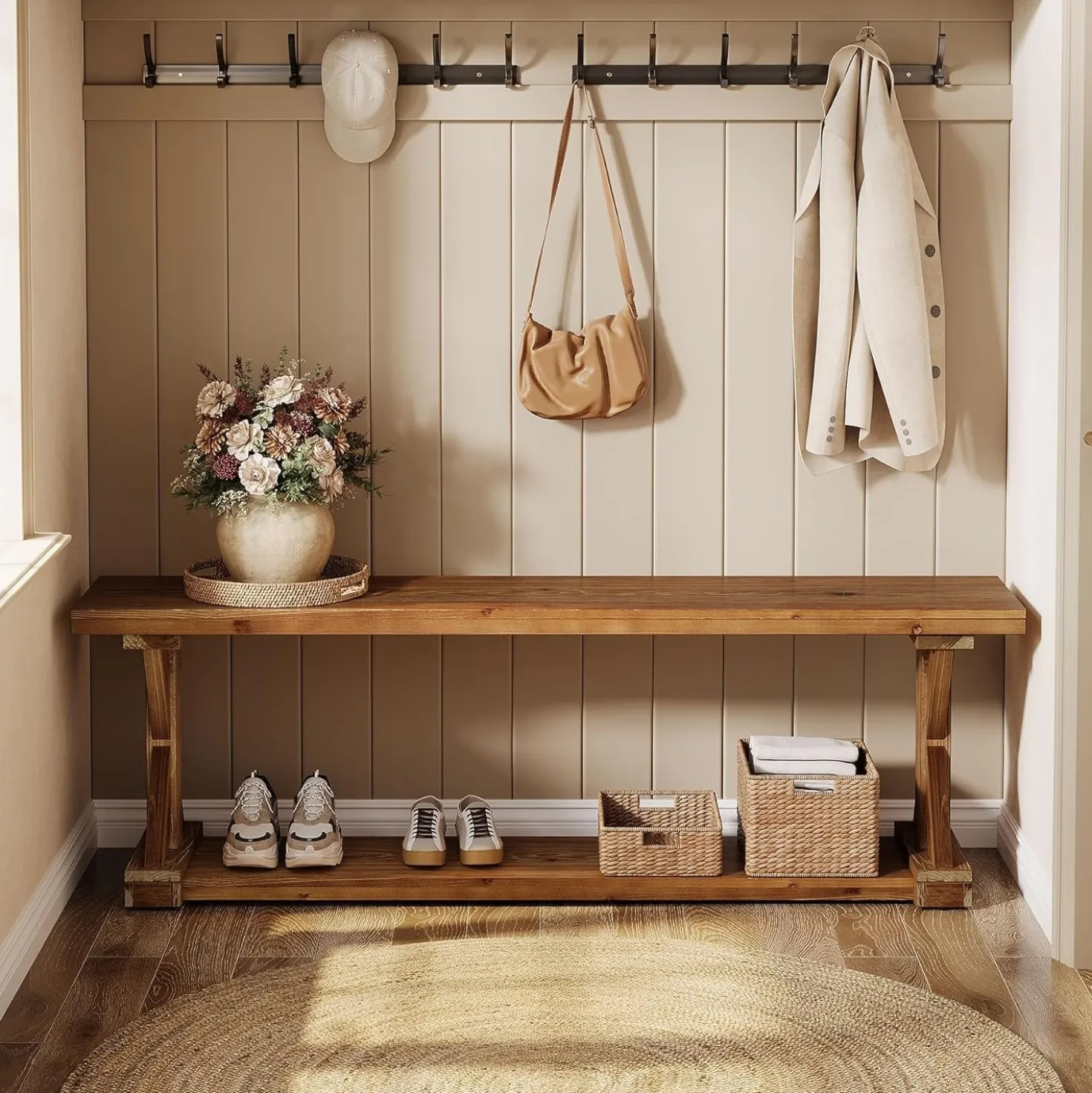59" Solid Wood Entryway Bench, 2-Tier Foyer Shoe Bench with Open Shelf