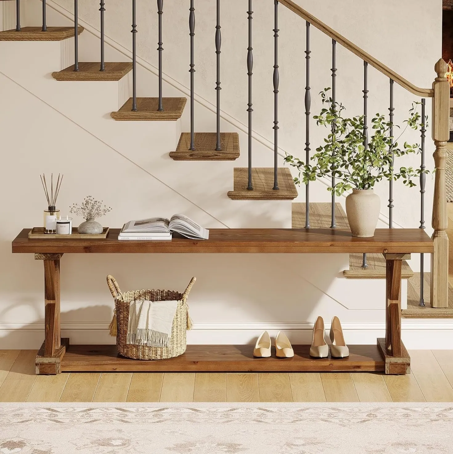 59" Solid Wood Entryway Bench, 2-Tier Foyer Shoe Bench with Open Shelf