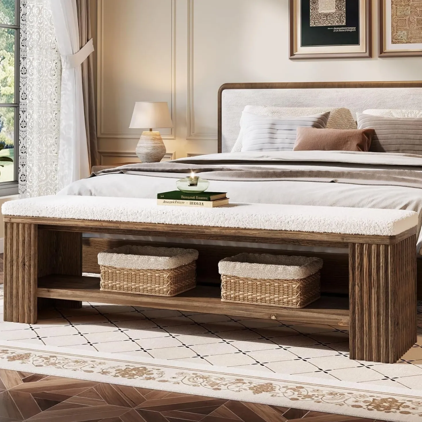 63" Solid Wood Entryway Bench, Modern Upholstered End of Bed Bench
