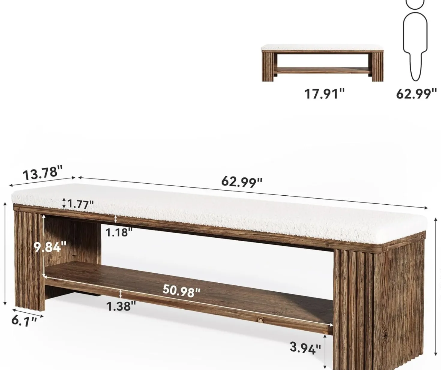 63" Solid Wood Entryway Bench, Modern Upholstered End of Bed Bench