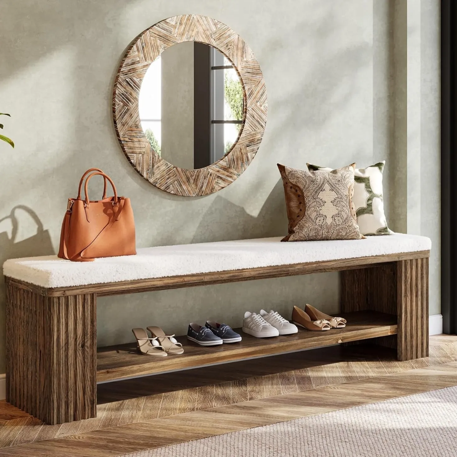 63" Solid Wood Entryway Bench, Modern Upholstered End of Bed Bench