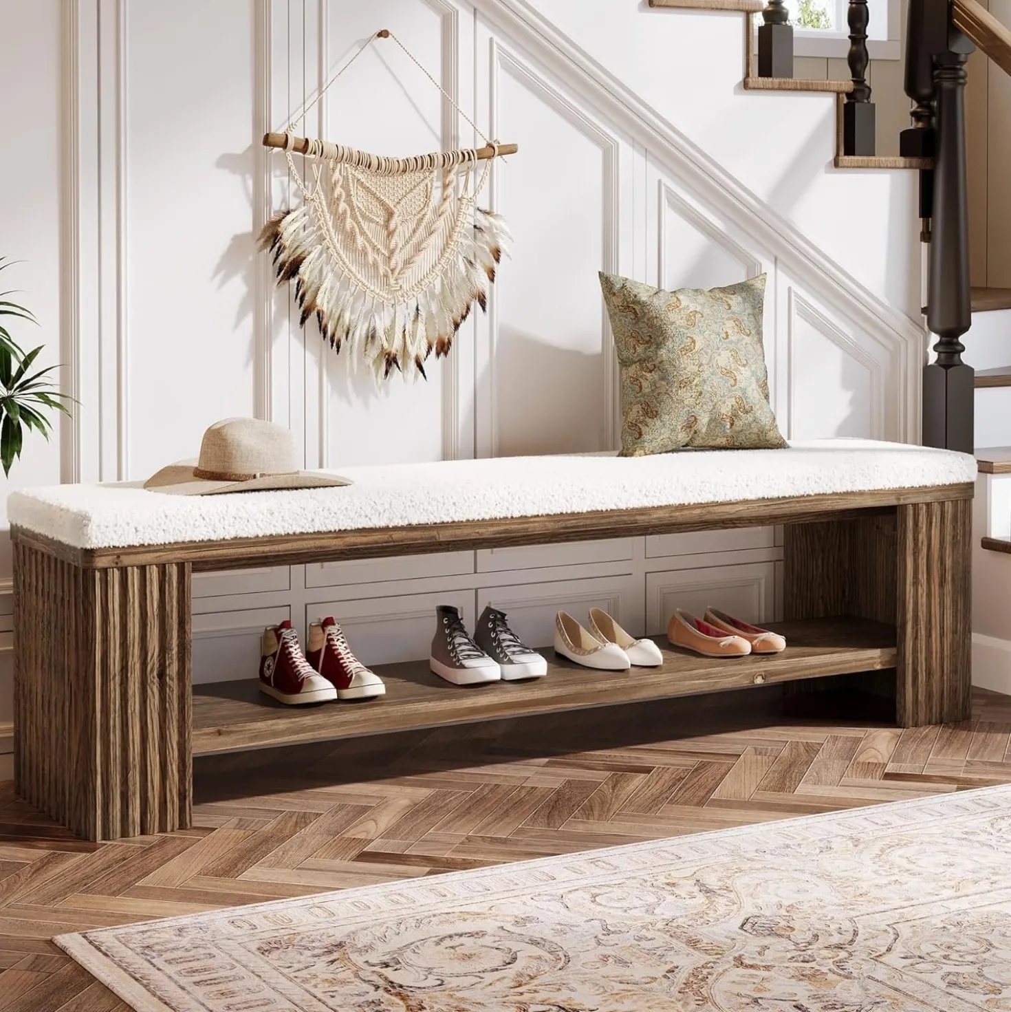 63" Solid Wood Entryway Bench, Modern Upholstered End of Bed Bench