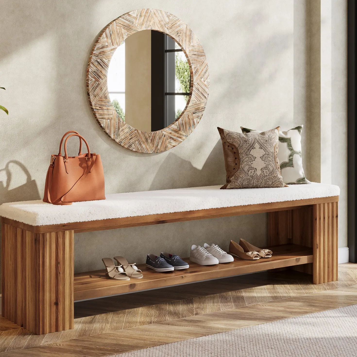 63" Solid Wood Entryway Bench, Modern Upholstered End of Bed Bench