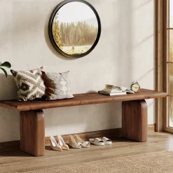 62.99" Solid Wood Entryway Bench, Farmhouse Indoor End of Bed Bench