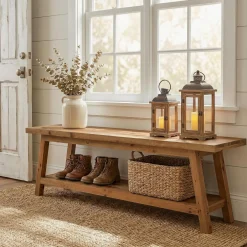 63" Solid Wood Entryway Bench, Hallway Shoe Bench with Storage Shelf