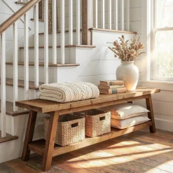 63" Solid Wood Entryway Bench, Hallway Shoe Bench with Storage Shelf