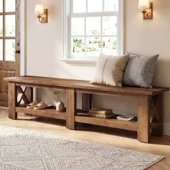 70.87" Solid Wood Entryway Shoe Bench, Farmhouse End of Bed Bench with Storage