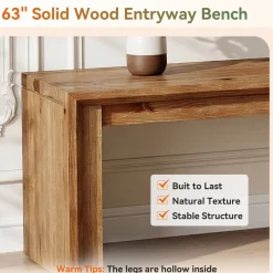 63" Solid Wood Entryway Shoe Bench, Farmhouse End of Bed Bench for 2-3 People