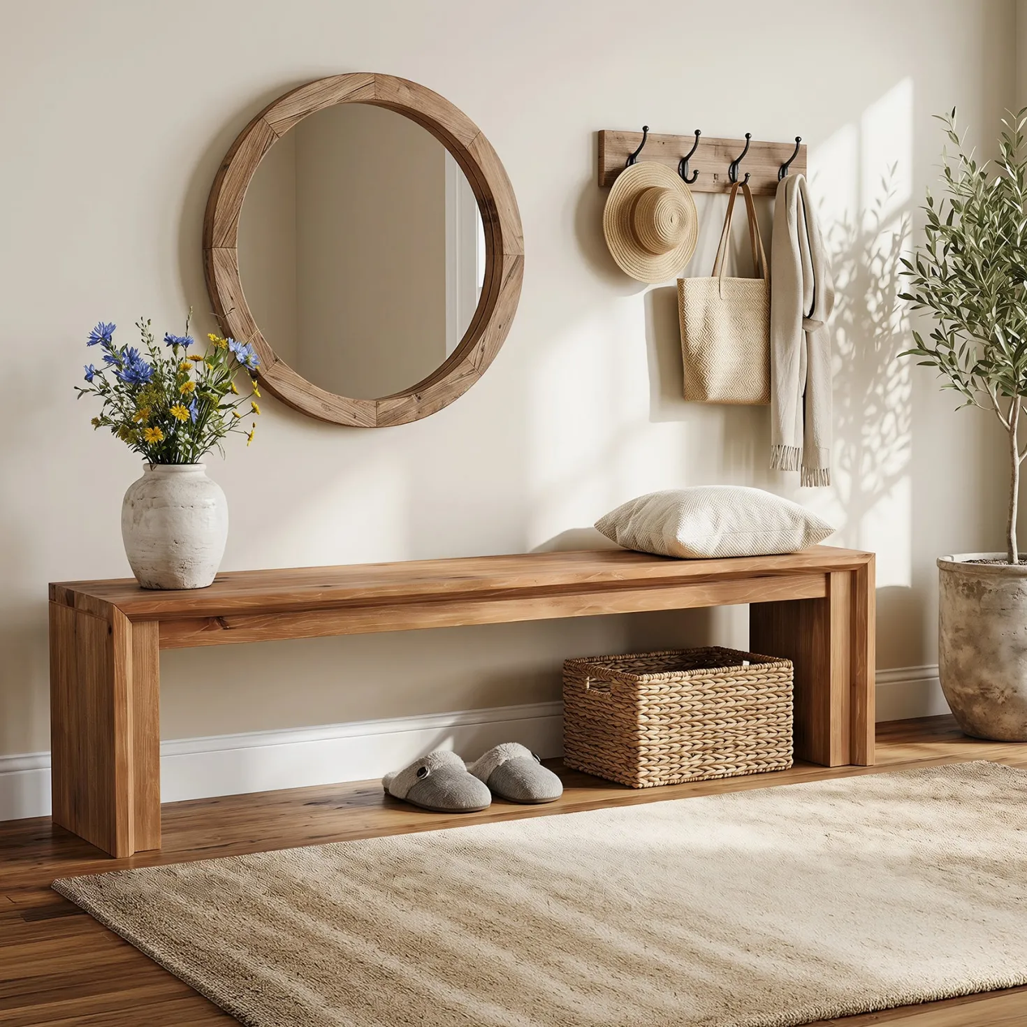 63" Solid Wood Entryway Shoe Bench, Farmhouse End of Bed Bench for 2-3 People