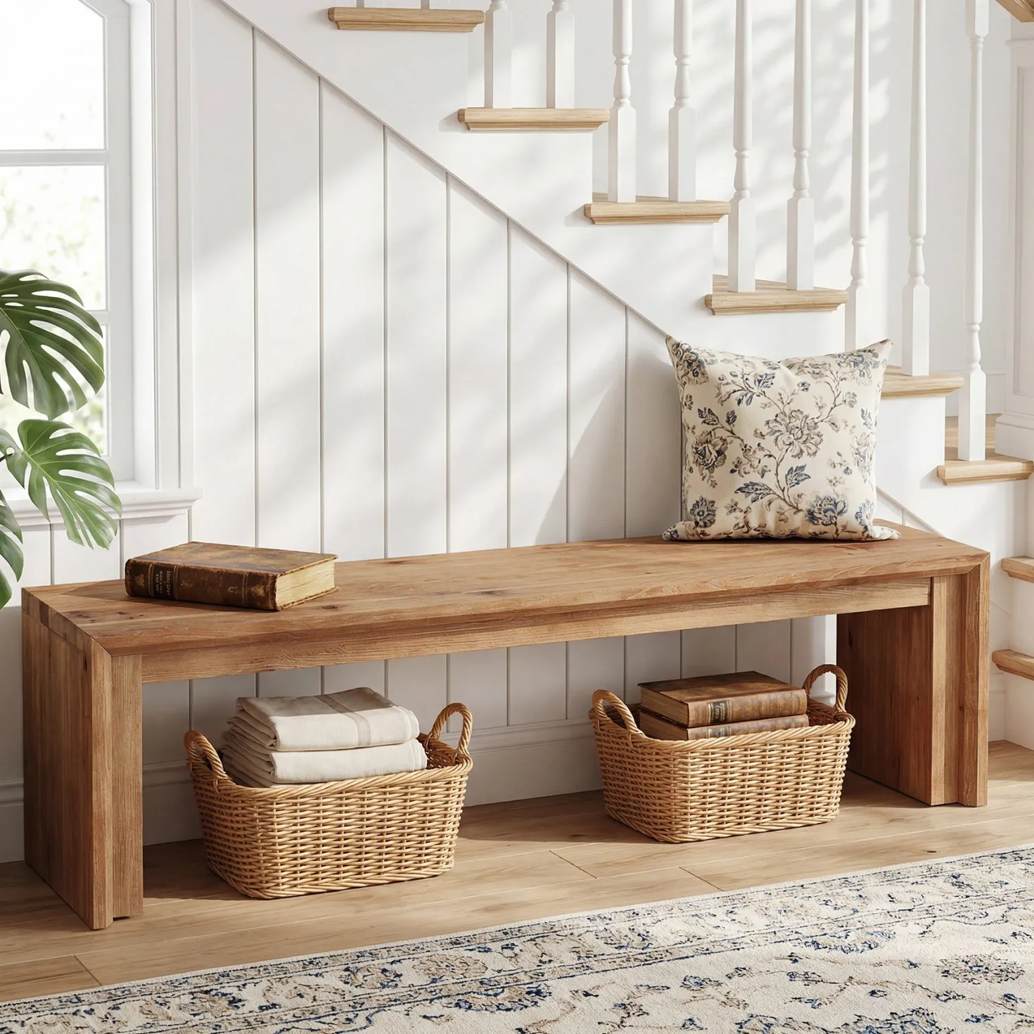 63" Solid Wood Entryway Shoe Bench, Farmhouse End of Bed Bench for 2-3 People