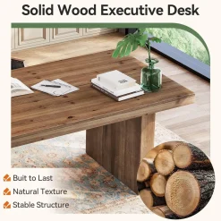63" Solid Wood Executive Desk, Farmhouse Large Computer Desk with Sturdy Legs