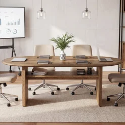 63" Solid Wood Executive Desk, Oval Computer Desk with Storage Shelf for Home Office