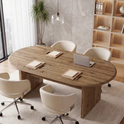 63" Solid Wood Executive Desk, Oval Computer Desk with Storage Shelf for Home Office