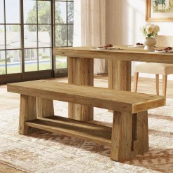 63" Solid Wood Farmhouse Bench with Open Shelves, 2-Tier Shoe Storage Bench for Hallway & Bedroom