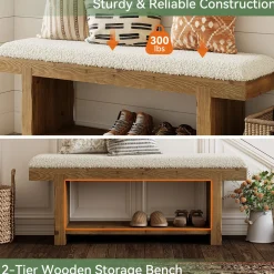 47.2" Solid Wood Farmhouse Bench, Upholstered Storage for Entryway