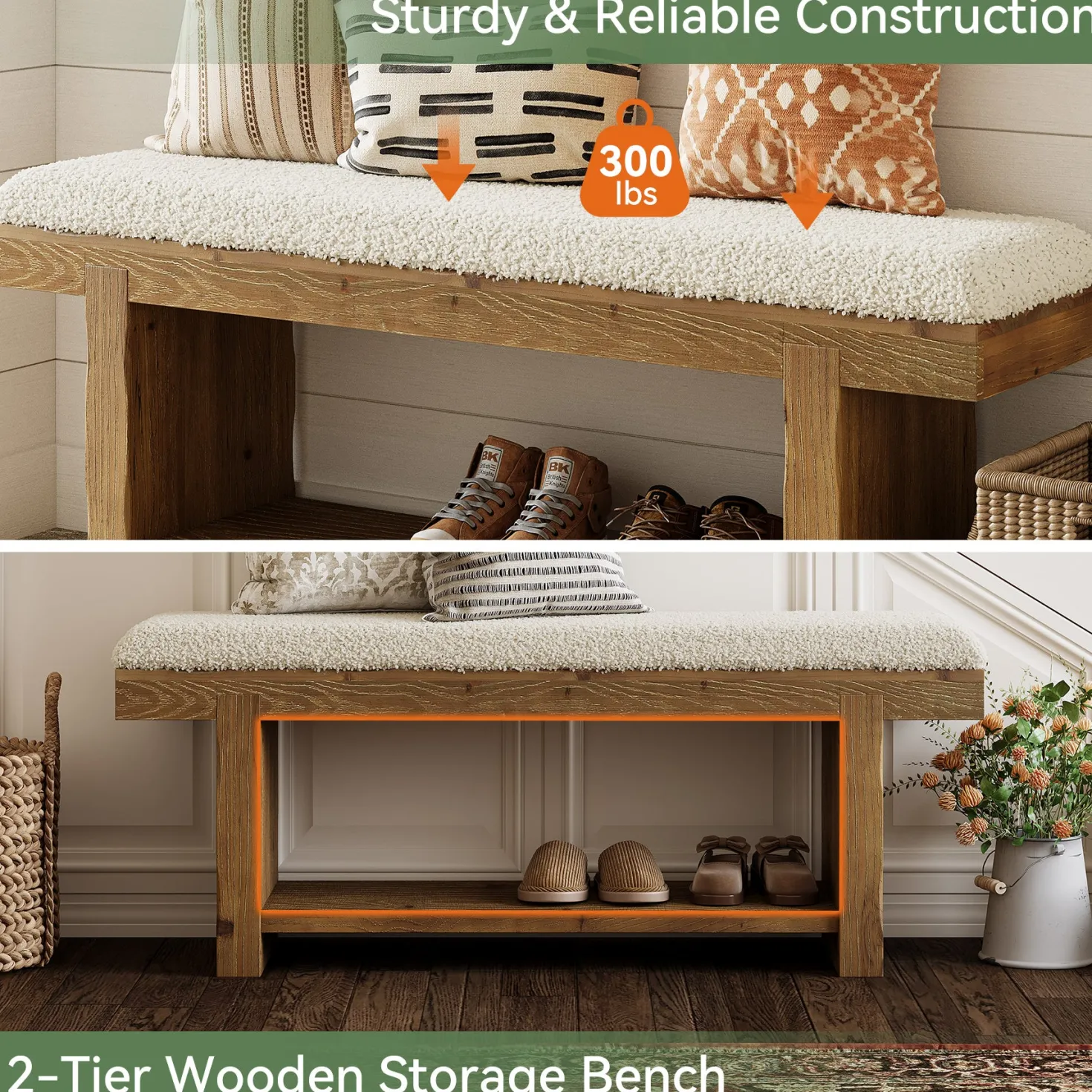 47.2" Solid Wood Farmhouse Bench, Upholstered Storage for Entryway