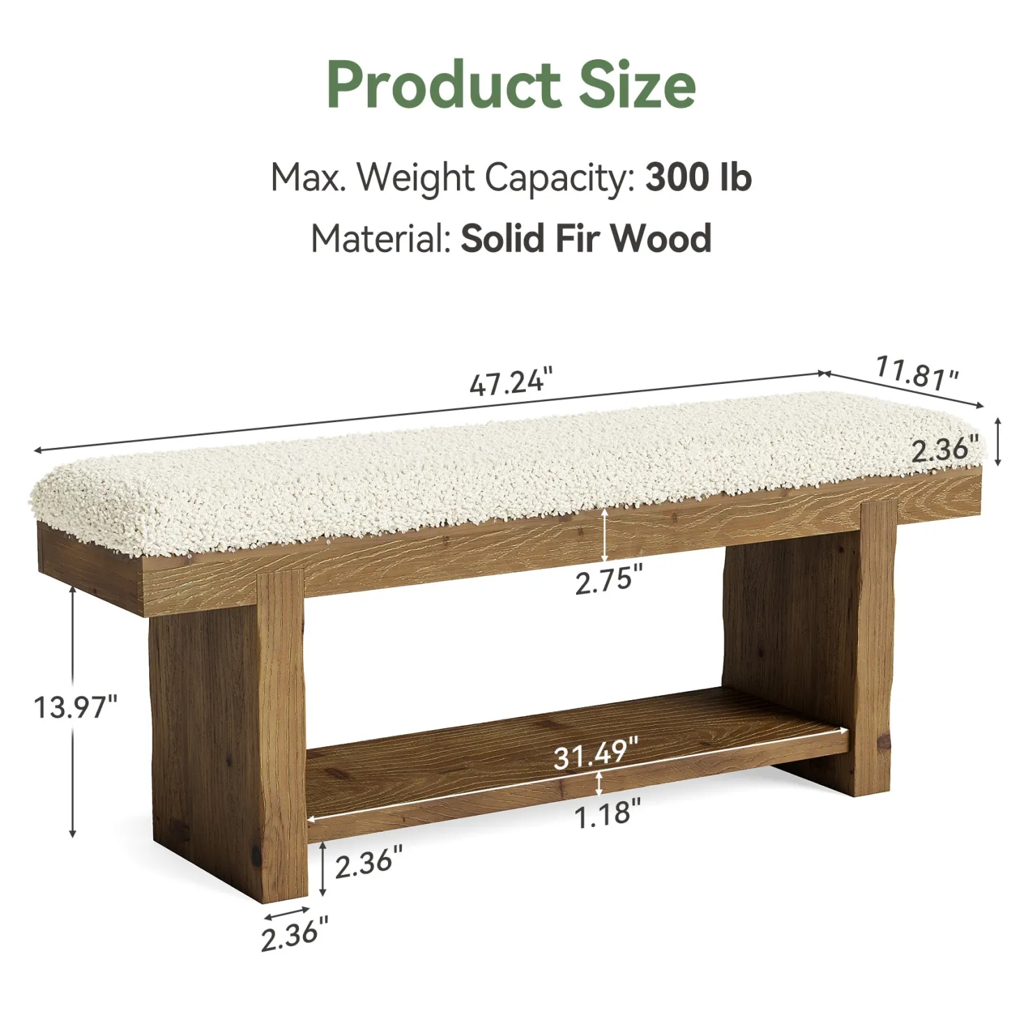 47.2" Solid Wood Farmhouse Bench, Upholstered Storage for Entryway