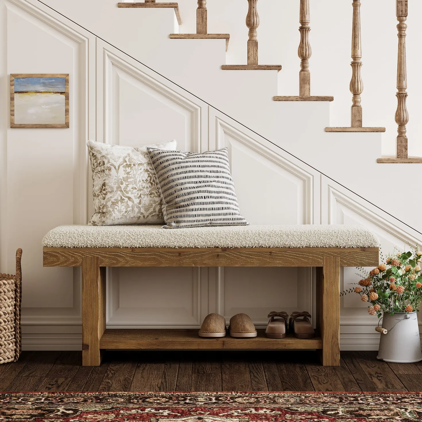 47.2" Solid Wood Farmhouse Bench, Upholstered Storage for Entryway