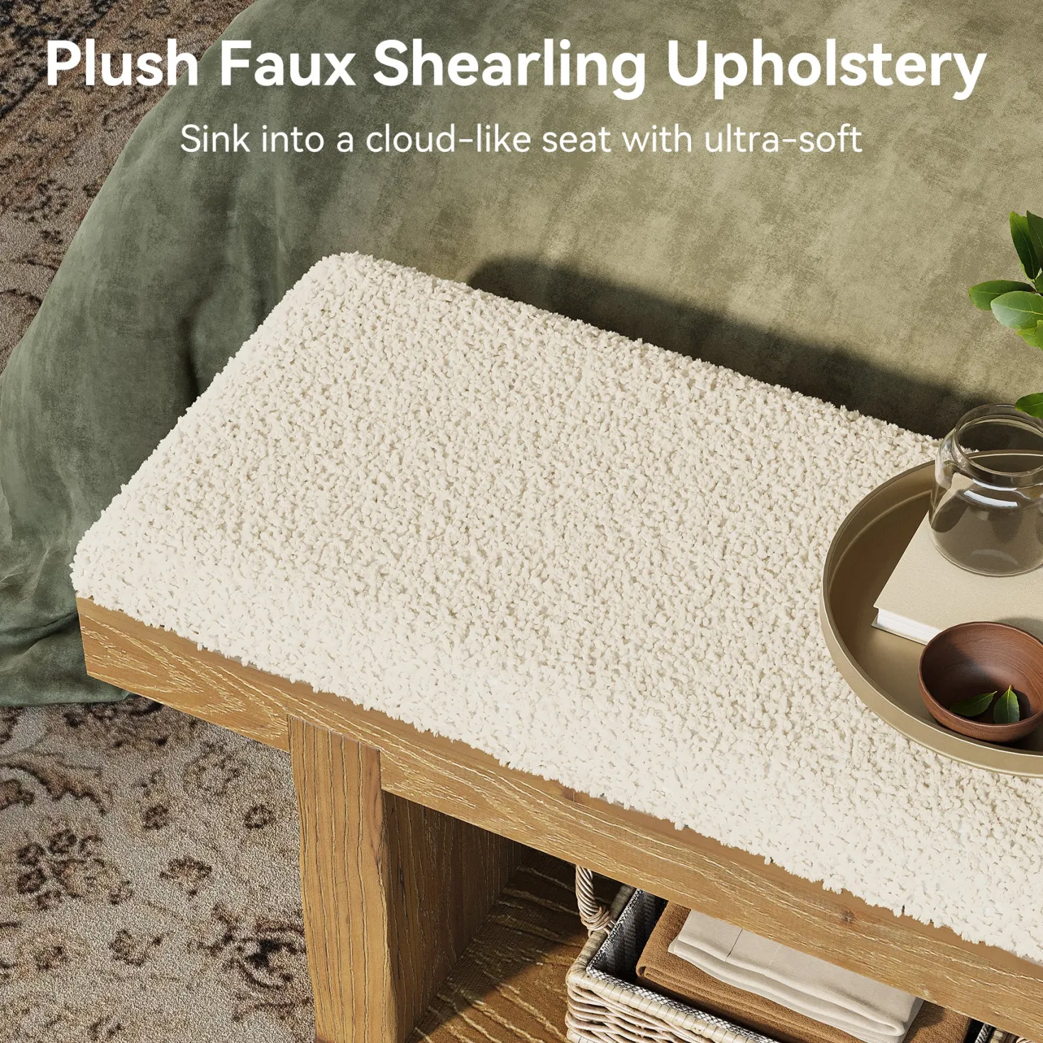 47.2" Solid Wood Farmhouse Bench, Upholstered Storage for Entryway
